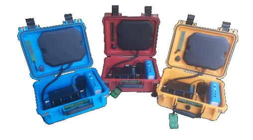 5G IRL portable rugged case in blue, red, and yellow